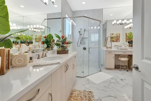 bathroom featuring a chandelier, a stall shower, marble look tile flooring, vanity, and recessed lighting