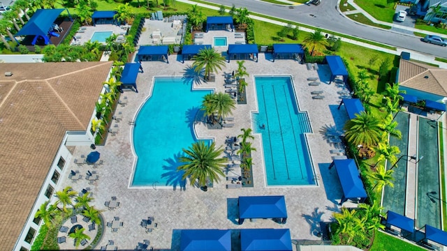 aerial view of a pool area