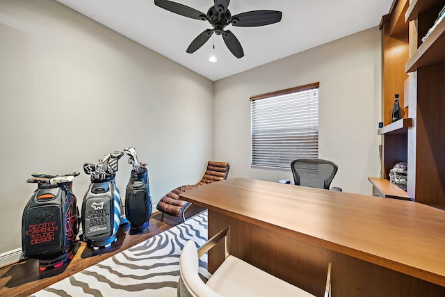 office with a ceiling fan, wood finished floors, and recessed lighting