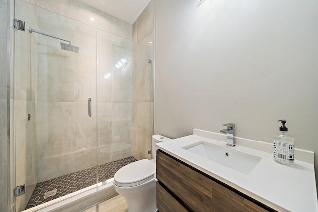 full bath featuring toilet, a shower stall, and vanity