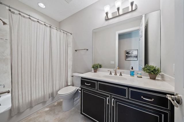 full bathroom with toilet, vanity, shower / bathtub combination with curtain, and tile patterned floors