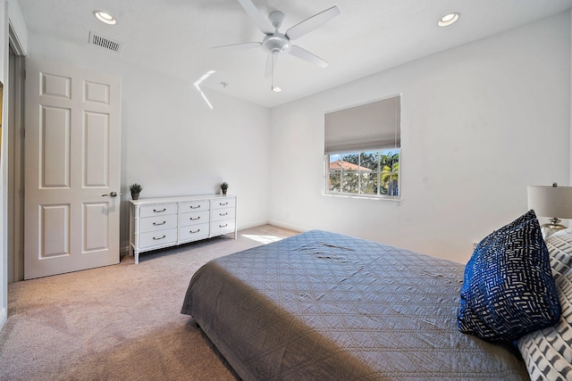 bedroom with carpet floors, recessed lighting, and ceiling fan