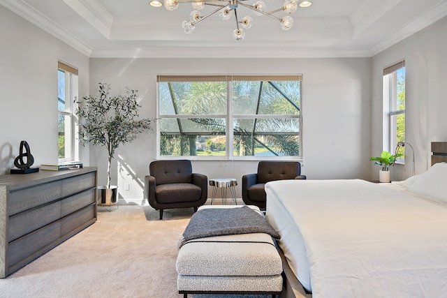 bedroom with a raised ceiling, a chandelier, light colored carpet, ornamental molding, and baseboards