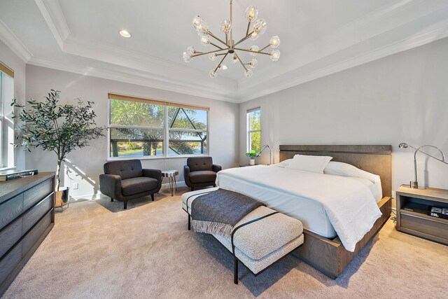 bedroom featuring carpet floors, a raised ceiling, ornamental molding, a chandelier, and recessed lighting
