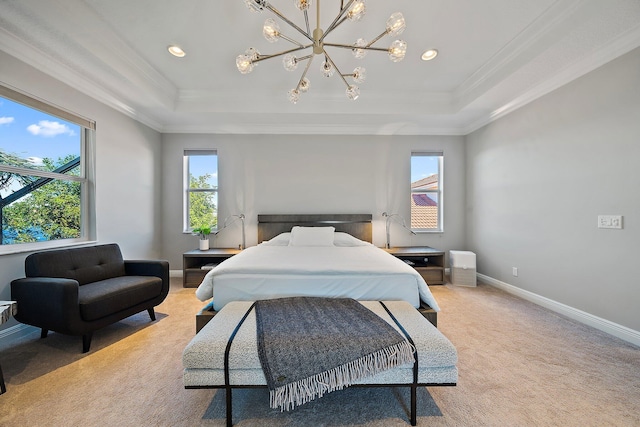bedroom featuring a raised ceiling, a chandelier, crown molding, light carpet, and baseboards