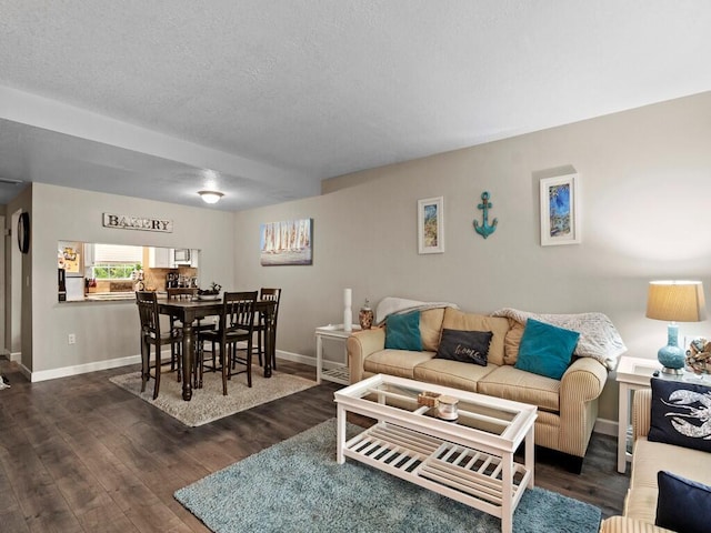 living area featuring baseboards, dark wood-type flooring, and a textured ceiling
