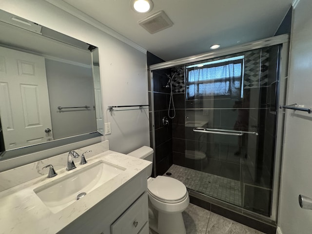 full bathroom with toilet, a stall shower, vanity, recessed lighting, and crown molding