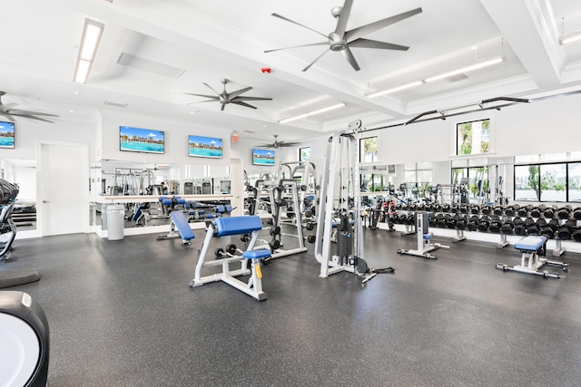 8640 E Baypoint Cir, Parkland, FL 33076 - gym featuring a ceiling fan and beamed ceiling