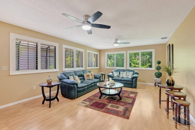 1420 NW 27th Ave, Delray Beach, FL 33445 - living room featuring a textured ceiling, wood finished floors, a ceiling fan, and baseboards