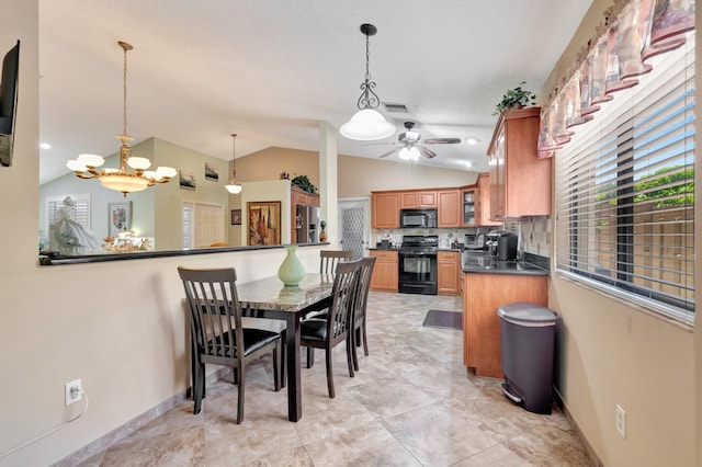 1420 NW 27th Ave, Delray Beach, FL 33445 - dining room with lofted ceiling, a ceiling fan, a chandelier, and baseboards