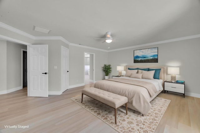 4365 SW Bimini Cir S, Palm City, FL 34990 - bedroom with baseboards, light wood-style flooring, ornamental molding, a ceiling fan, and ensuite bath