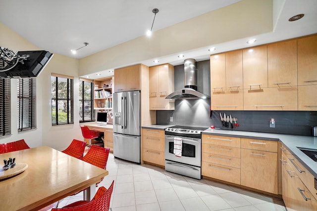 17652 Ashbourne D Way Unit D, Boca Raton, FL 33496 - kitchen featuring stainless steel appliances, wall chimney exhaust hood, light brown cabinets, tasteful backsplash, and light tile patterned floors