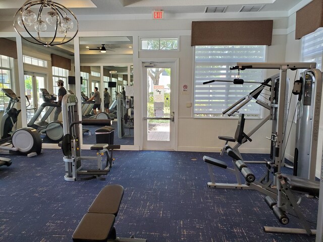 3009 Hop Tree Way, Riviera Beach, FL 33410 - exercise room with carpet, a chandelier, and ceiling fan