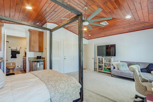 605 Flotilla Ln, North Palm Beach, FL 33408 - bedroom featuring wood ceiling, recessed lighting, vaulted ceiling, ensuite bathroom, and light carpet