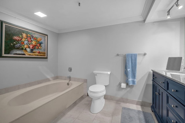 2480 Presidential Way Unit 303, West Palm Beach, FL 33401 - full bathroom featuring toilet, a garden tub, vanity, crown molding, and tile patterned flooring