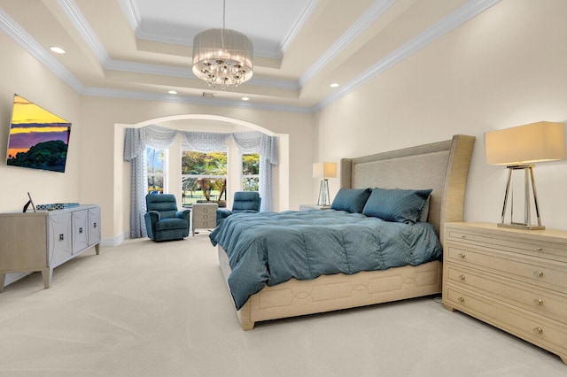8380 Woodsmuir Dr, West Palm Beach, FL 33412 - bedroom with a chandelier, light colored carpet, a raised ceiling, ornamental molding, and access to exterior