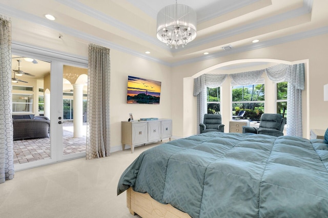 8380 Woodsmuir Dr, West Palm Beach, FL 33412 - bedroom with light carpet, ornamental molding, a chandelier, a raised ceiling, and access to outside