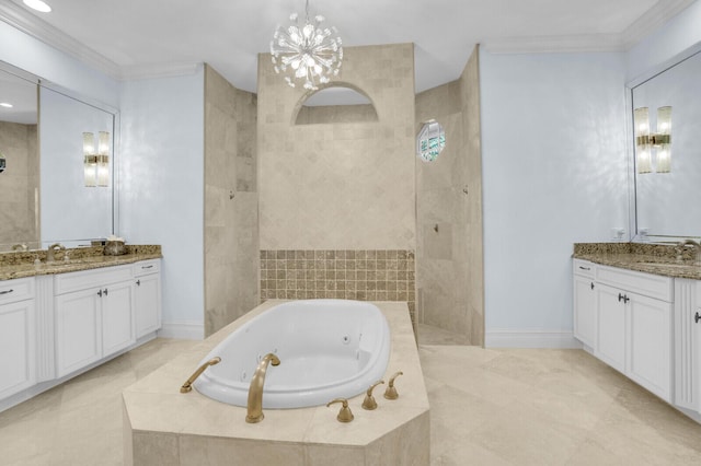 8380 Woodsmuir Dr, West Palm Beach, FL 33412 - full bathroom with a chandelier, a tub with jets, crown molding, two vanities, and tiled shower