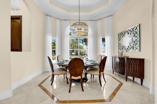 8380 Woodsmuir Dr, West Palm Beach, FL 33412 - dining room with a chandelier, inlaid floor details, crown molding, a tray ceiling, and baseboards