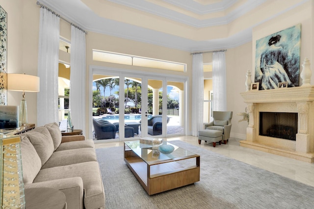8380 Woodsmuir Dr, West Palm Beach, FL 33412 - living room with a high ceiling, ornamental molding, french doors, and a premium fireplace