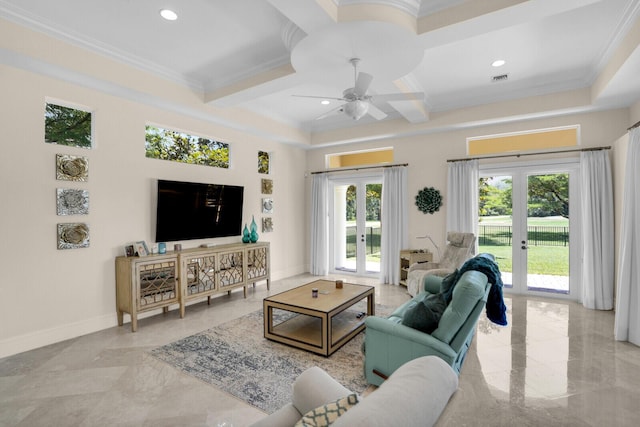 8380 Woodsmuir Dr, West Palm Beach, FL 33412 - living area featuring french doors, crown molding, coffered ceiling, ceiling fan, and recessed lighting
