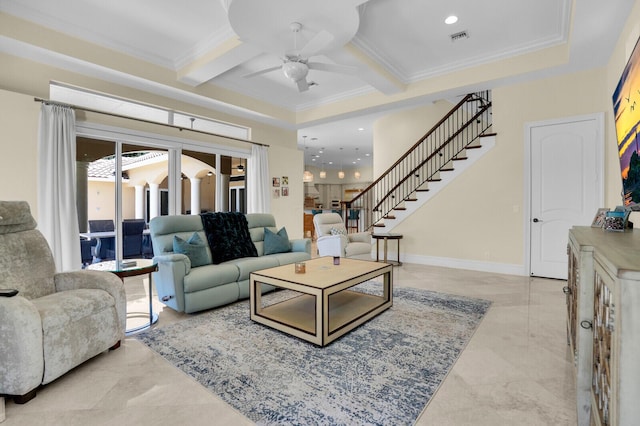 8380 Woodsmuir Dr, West Palm Beach, FL 33412 - living room featuring a ceiling fan, stairs, ornamental molding, beamed ceiling, and recessed lighting