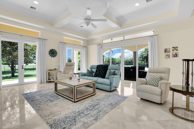 8380 Woodsmuir Dr, West Palm Beach, FL 33412 - living room with french doors, plenty of natural light, ceiling fan, coffered ceiling, and beam ceiling