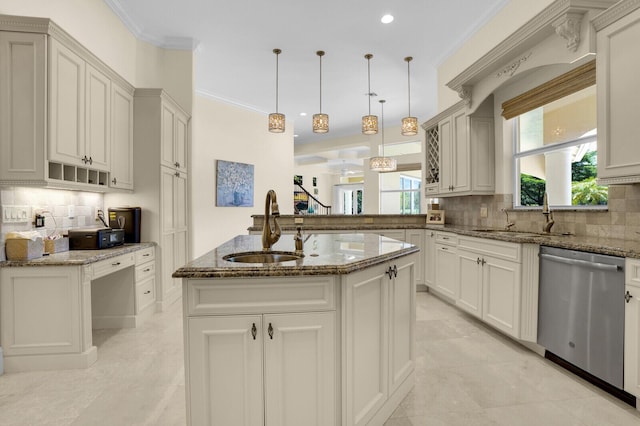 8380 Woodsmuir Dr, West Palm Beach, FL 33412 - kitchen featuring dishwasher, a sink, decorative backsplash, dark stone countertops, and crown molding