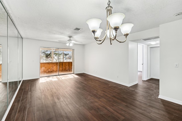 12012 Greenway Cir S Unit 206, Royal Palm Beach, FL 33411 - unfurnished living room with a chandelier, dark wood-style floors, baseboards, a textured ceiling, and a ceiling fan