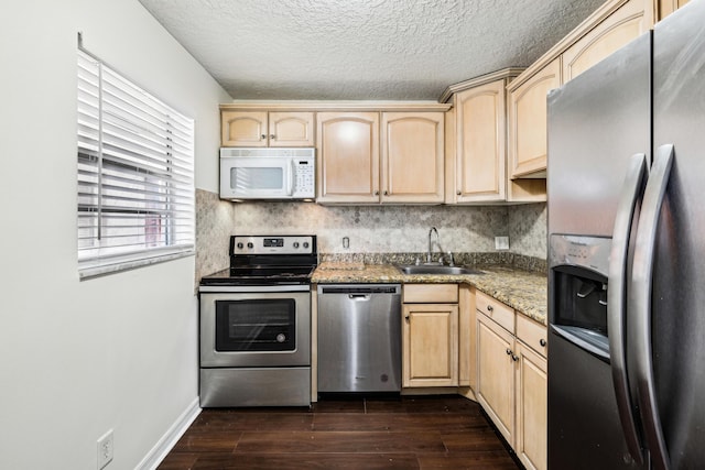12012 Greenway Cir S Unit 206, Royal Palm Beach, FL 33411 - kitchen featuring appliances with stainless steel finishes, light brown cabinetry, a sink, dark wood-type flooring, and backsplash