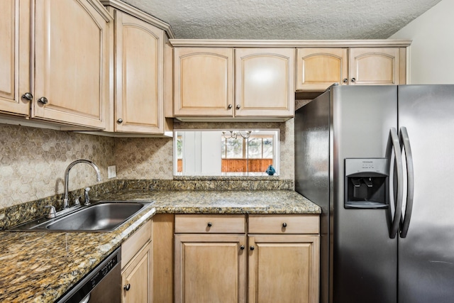 12012 Greenway Cir S Unit 206, Royal Palm Beach, FL 33411 - kitchen with appliances with stainless steel finishes, a sink, light brown cabinetry, a textured ceiling, and tasteful backsplash