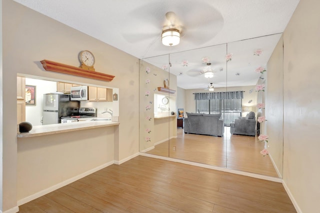 living room featuring a ceiling fan, wood finished floors, and baseboards