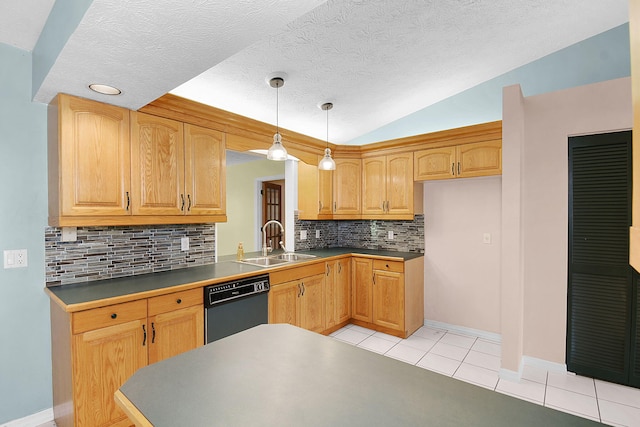 895 SE Waterside Way, Stuart, FL 34997 - kitchen featuring a sink, black dishwasher, light tile patterned floors, decorative backsplash, and lofted ceiling