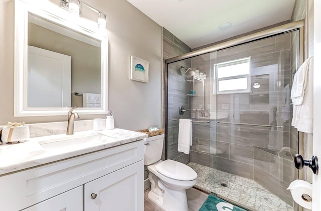 bathroom with a shower stall, vanity, and toilet