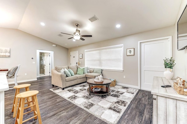 living room with a ceiling fan, wood finished floors, baseboards, lofted ceiling, and recessed lighting