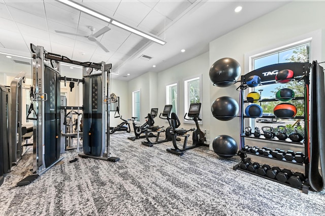 workout area with carpet flooring and recessed lighting