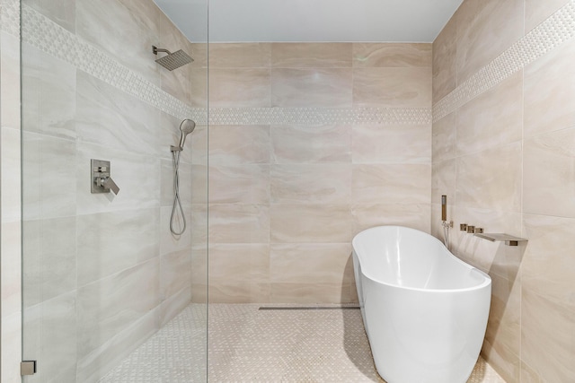 22924 Ironwedge Dr, Boca Raton, FL 33433 - full bathroom featuring walk in shower, a soaking tub, and tile walls