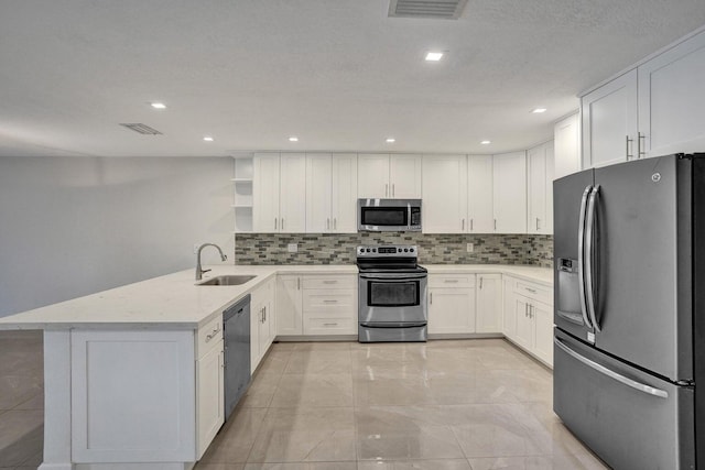 kitchen featuring appliances with stainless steel finishes, a sink, open shelves, a peninsula, and decorative backsplash