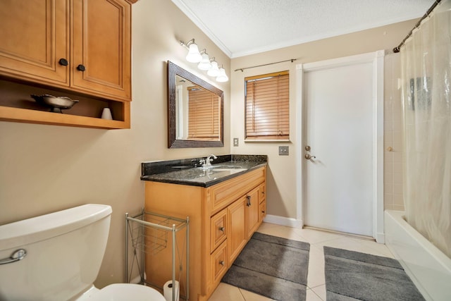 full bathroom with tile patterned floors, toilet, vanity, ornamental molding, and shower / bath combo