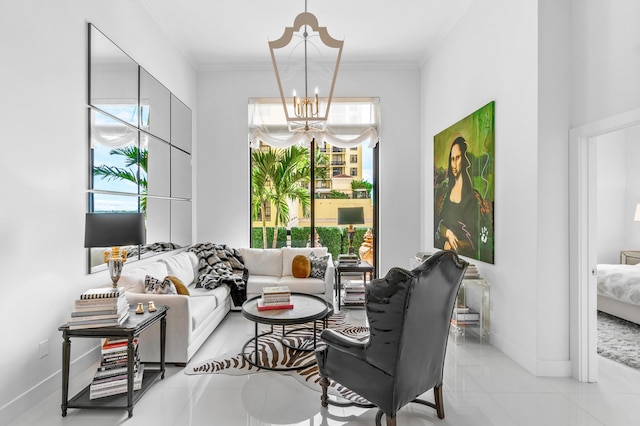 tiled living room featuring a chandelier, baseboards, and ornamental molding