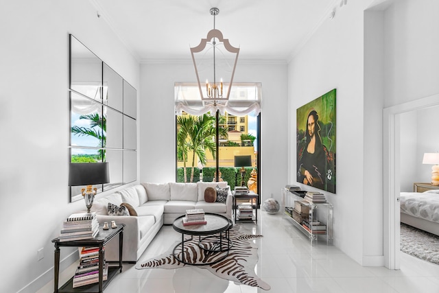 living room with a chandelier, light tile patterned floors, ornamental molding, and baseboards