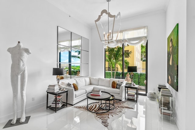 living area featuring ornamental molding, a chandelier, baseboards, and tile patterned floors