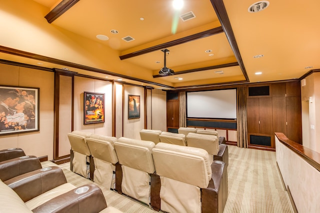 cinema room with a decorative wall, light carpet, and recessed lighting