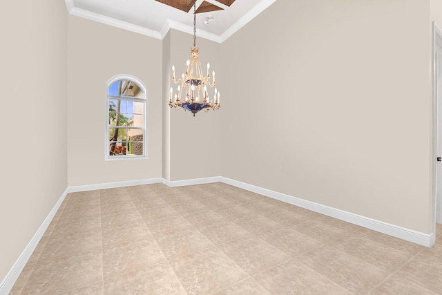 unfurnished room with a chandelier, baseboards, beam ceiling, crown molding, and a towering ceiling
