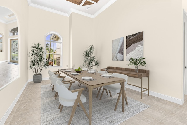 dining space with ornamental molding, a high ceiling, baseboards, arched walkways, and light tile patterned floors