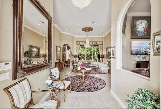 tiled foyer featuring arched walkways, recessed lighting, baseboards, and ornamental molding