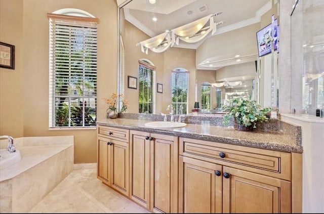 bathroom with vanity, a bath, and ornamental molding