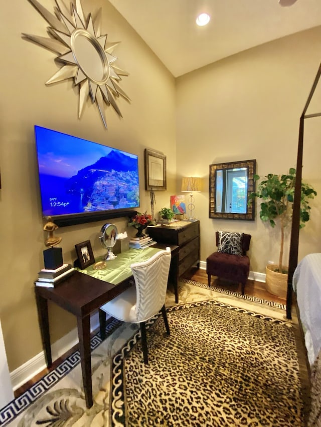 home office with baseboards, recessed lighting, and wood finished floors