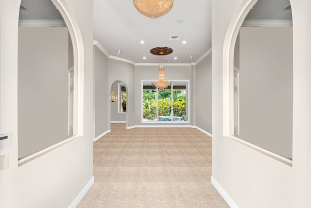 hall with baseboards, a chandelier, arched walkways, ornamental molding, and recessed lighting