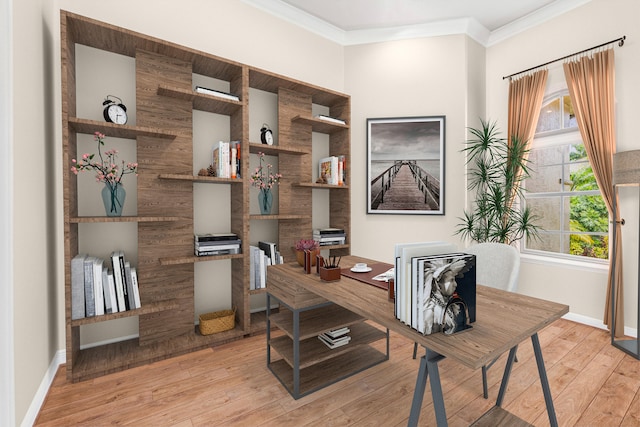 office with ornamental molding, wood finished floors, and baseboards